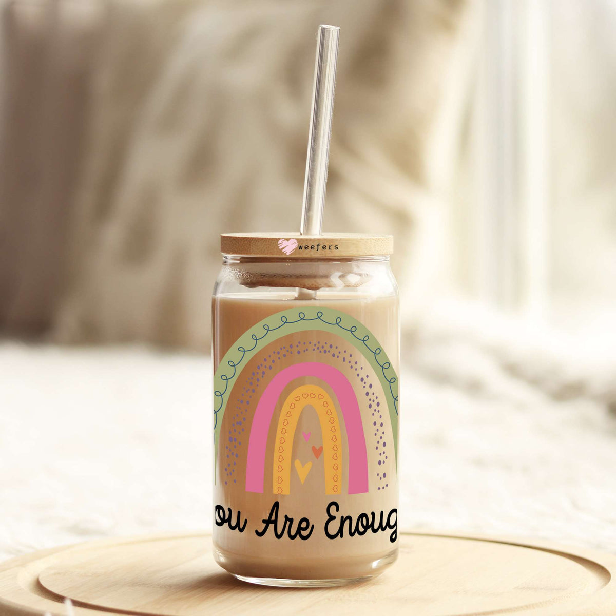 You are Enough Boho Rainbow 16oz Libbey Glass Can UV DTF or Sublimation Cup Wrap - Decal Transfers Weefers
