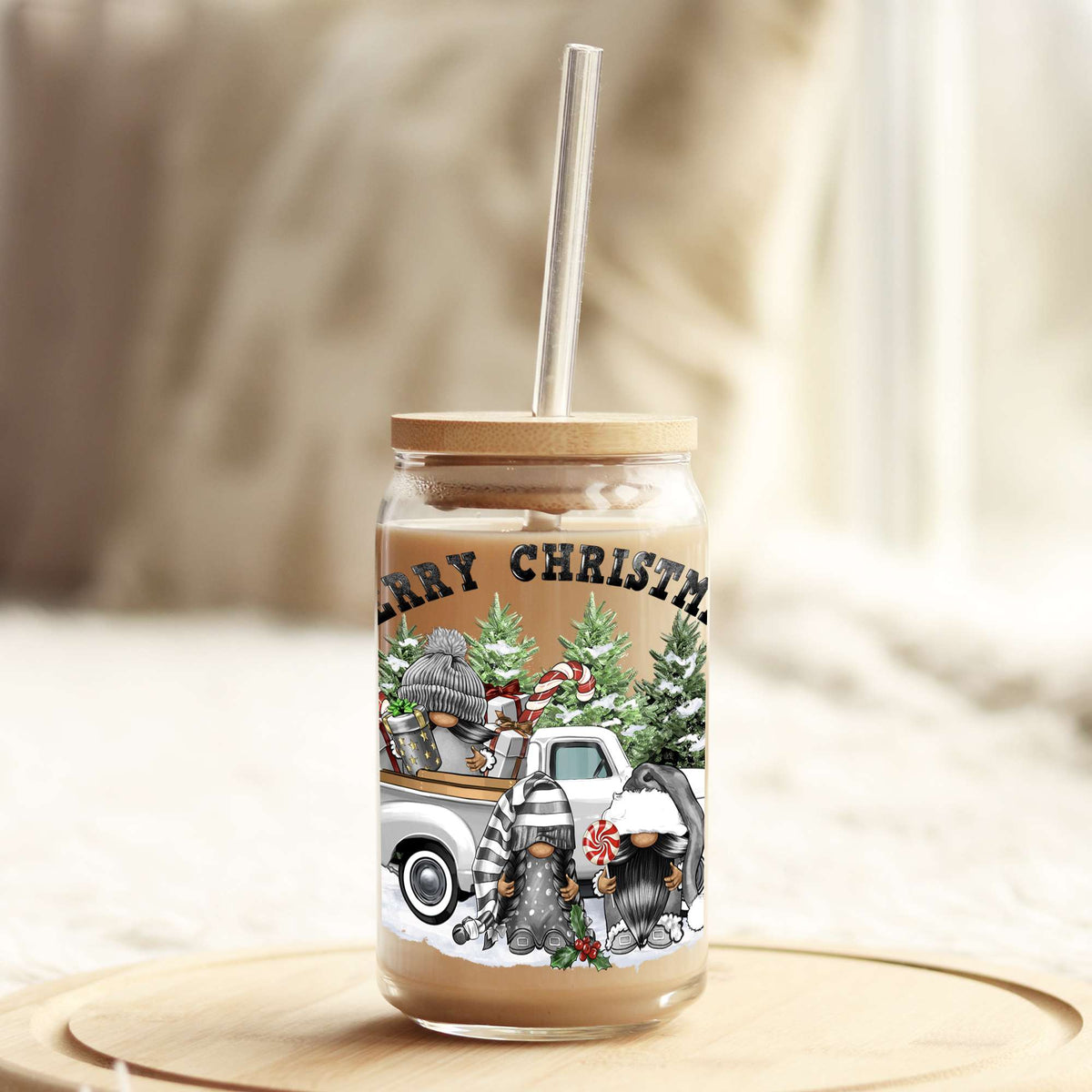 Merry Christmas Grey Gnomes 16oz Libbey Glass Can UV DTF or Sublimation Wrap - Decal Weefers