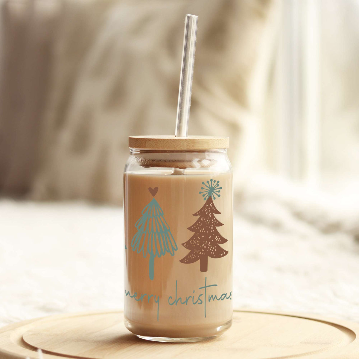 Merry Christmas Trees 16oz Libbey Glass Can UV DTF or Sublimation Wrap - Decal Weefers
