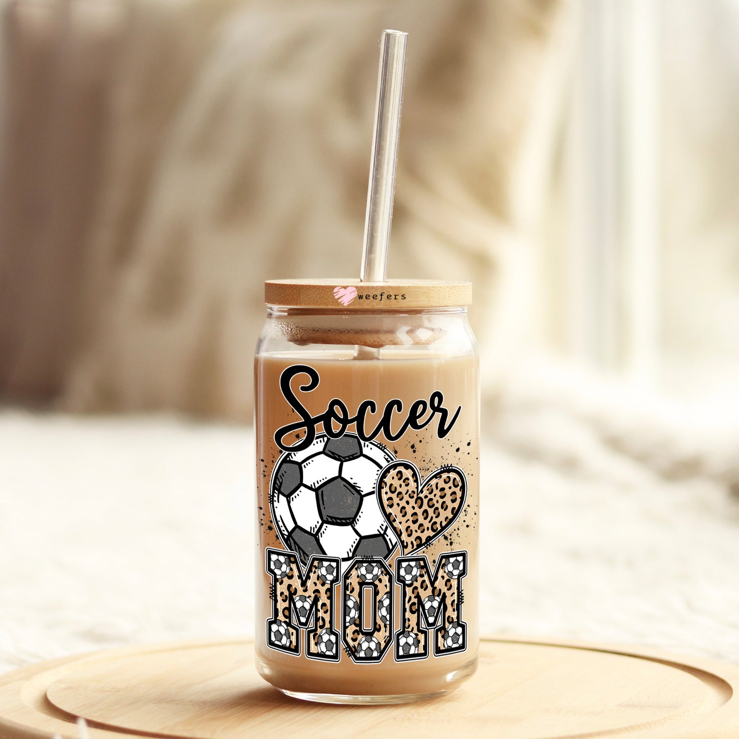 Soccer Mom Cheetah 16oz Libbey Glass Can UV DTF or Sublimation Cup Wrap - Decal Transfer Weefers