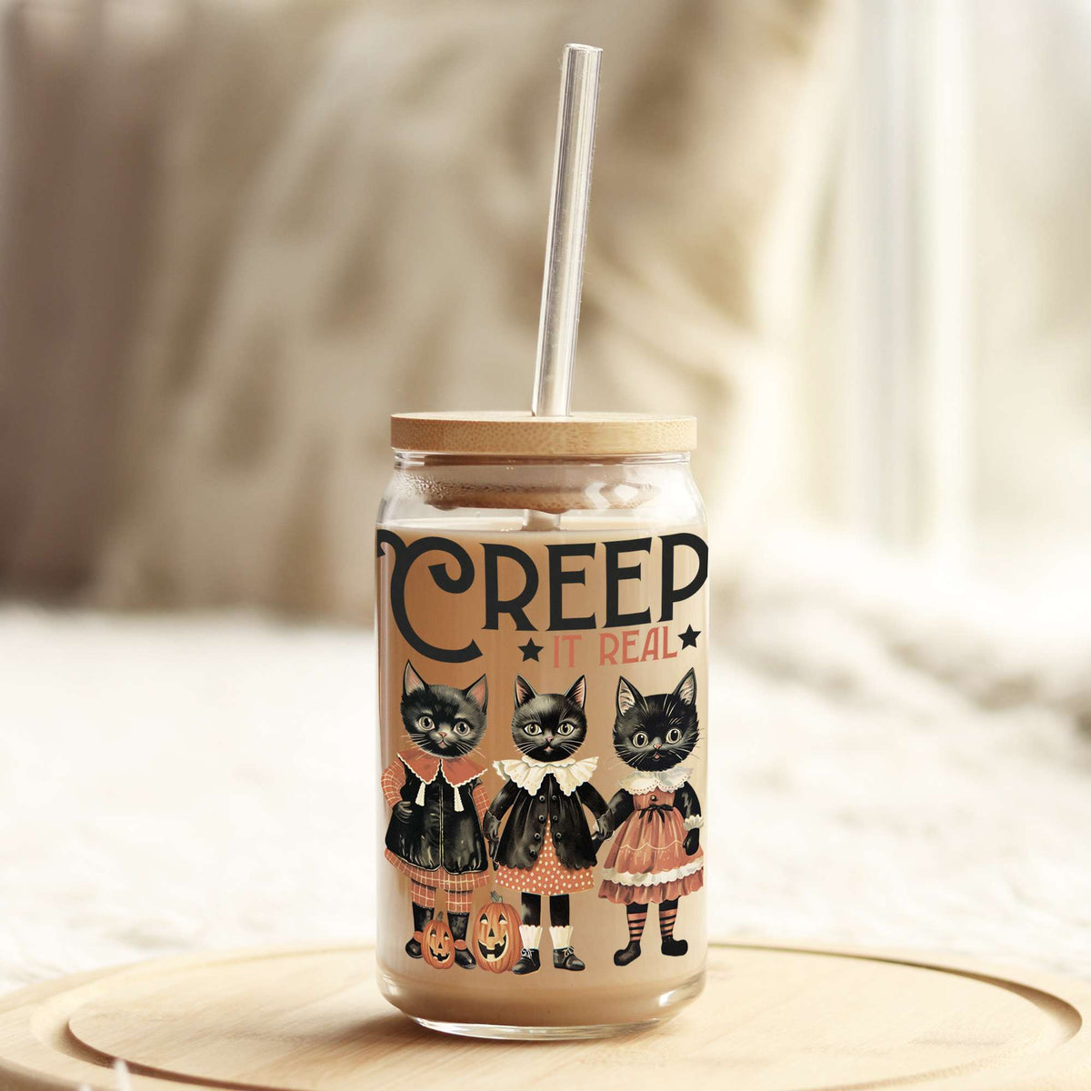 Creep it Real Black Cats Halloween 16oz Libbey Glass Can UV DTF or Sublimation Wrap - Decal Weefers