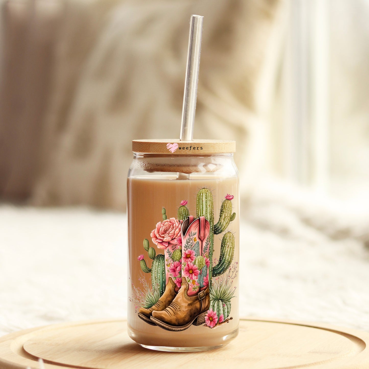 Floral Cactus Cowgirl Boots 16oz Libbey Glass Can UV DTF or Sublimation Cup Wrap - Decal Transfer Weefers