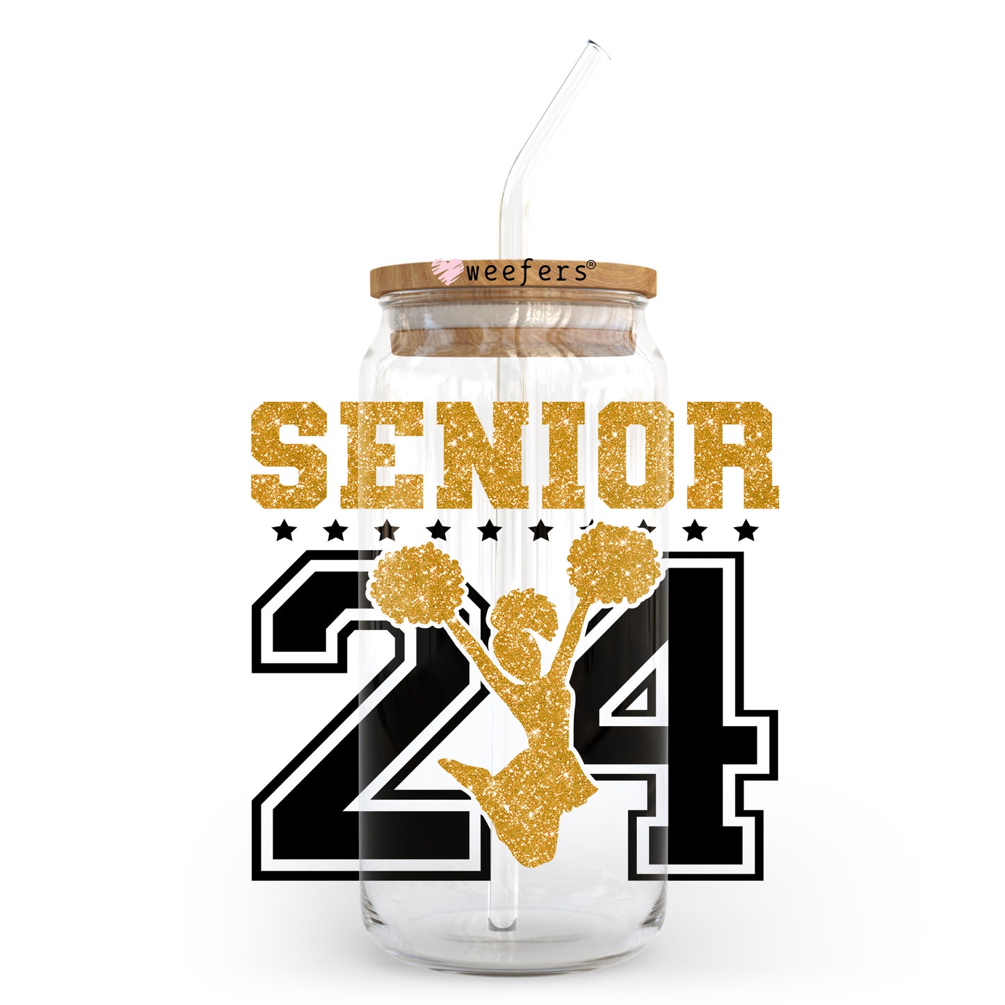 Senior 24 Cheer Gold and Black 20oz Libbey Glass Can UV DTF or Sublimation Wrap - Decal Transfer Weefers