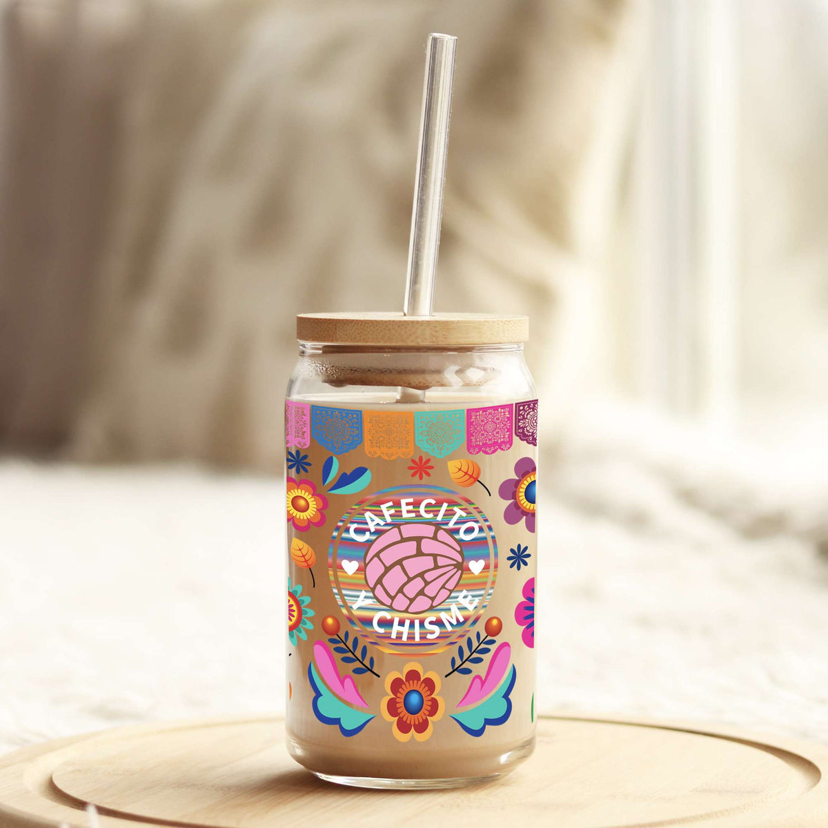 Cafecito y Chisme Colorful 16oz Libbey Glass Can UV DTF or Sublimation Wrap - Decal Weefers