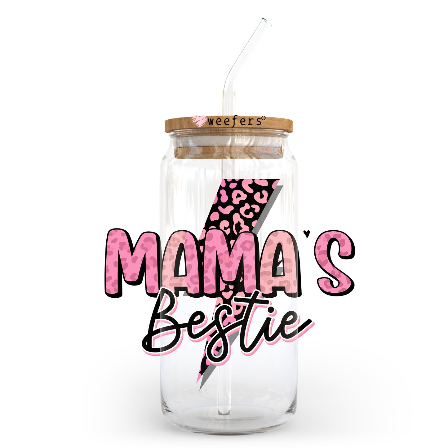 Pink Mama's Bestie Lightening 20oz Libbey Glass Can UV DTF or Sublimation Wrap - Decal Transfer Weefers