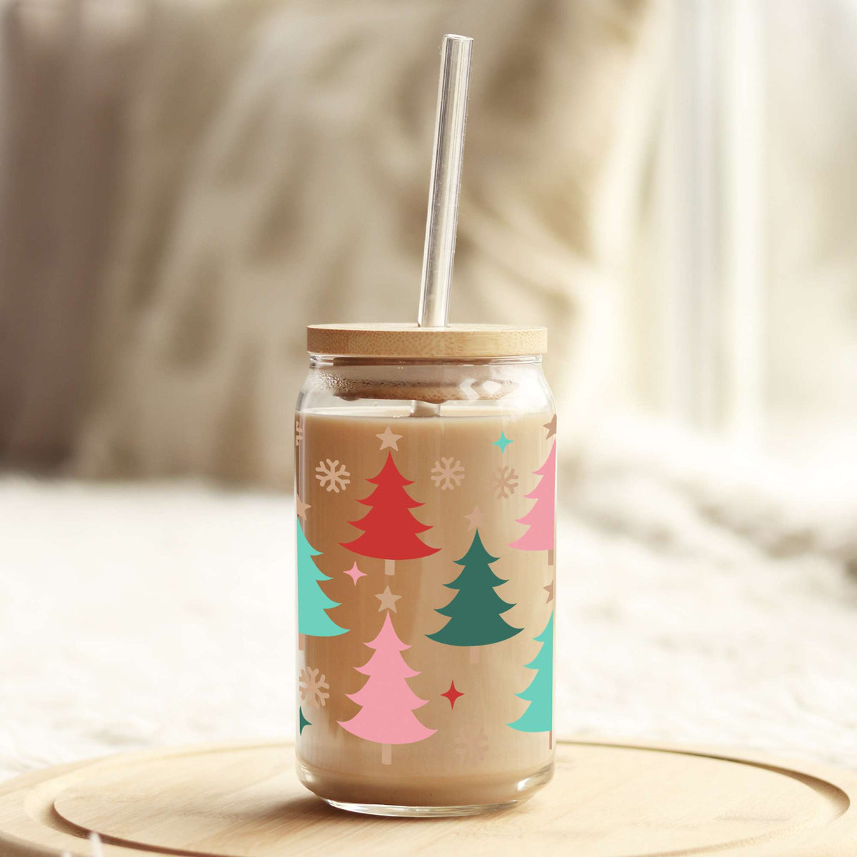 Whimsical Red and Green Christmas Trees 16oz Libbey Glass Can UV DTF or Sublimation Wrap - Decal Weefers
