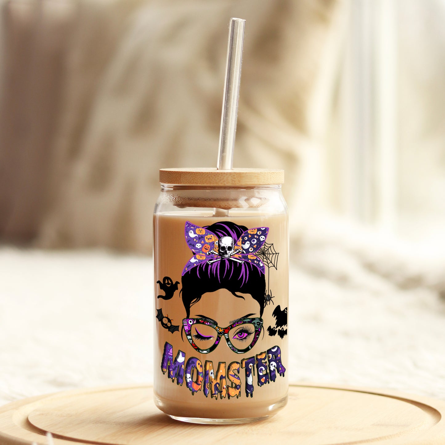 Momster Mom Halloween 16oz Libbey Glass Can UV DTF or Sublimation Wrap - Decal Weefers