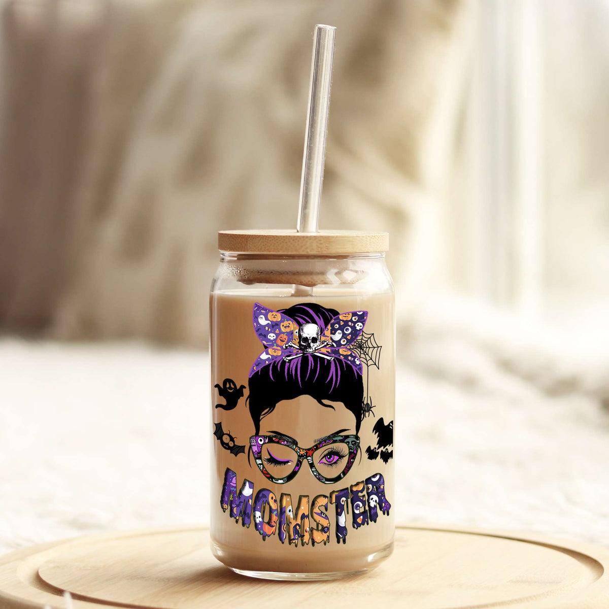 Momster Mom Halloween 16oz Libbey Glass Can UV DTF or Sublimation Wrap - Decal Weefers