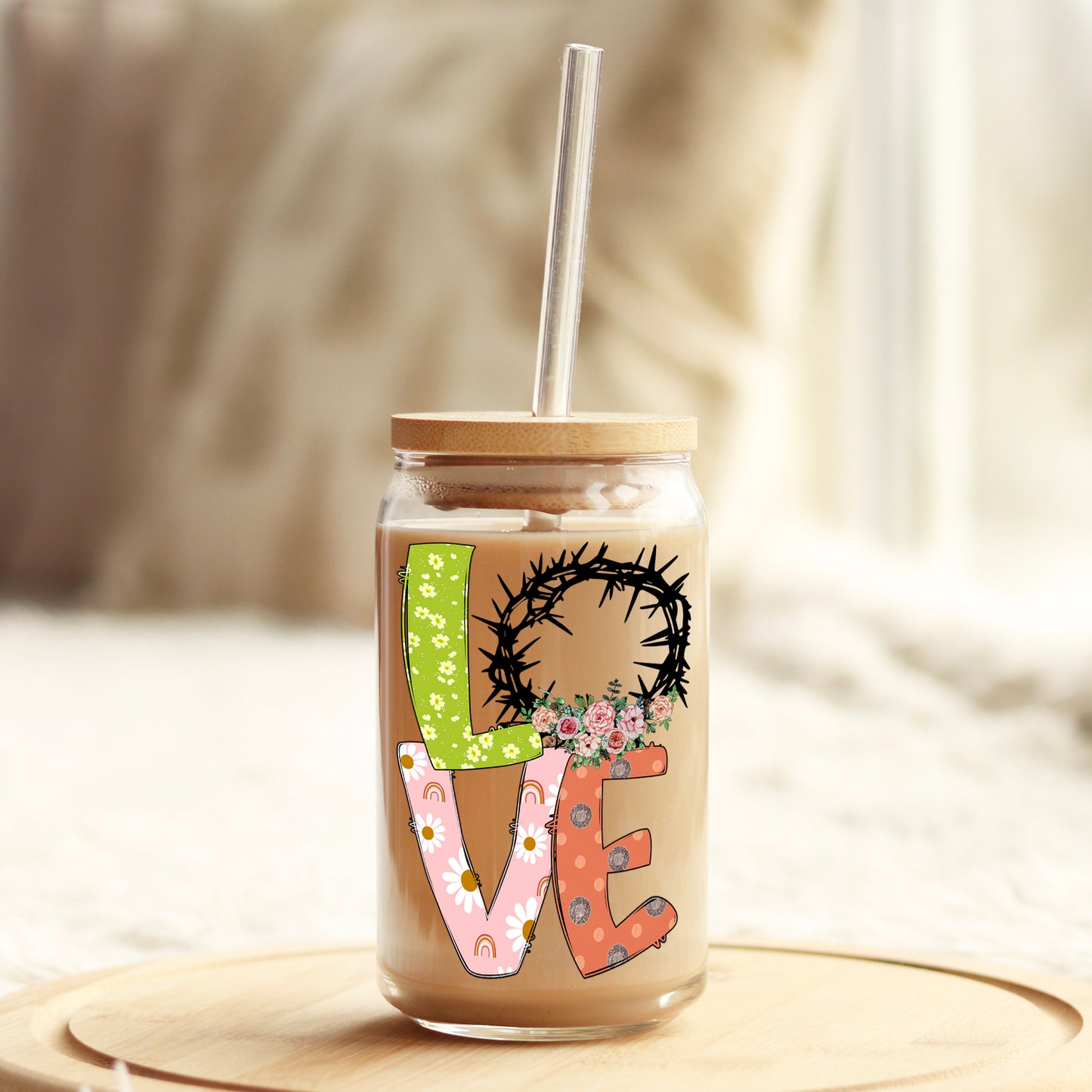 Love Easter Crown of Thorns 16oz Libbey Glass Can UV DTF or Sublimation Cup Wrap - Decal Transfer Weefers