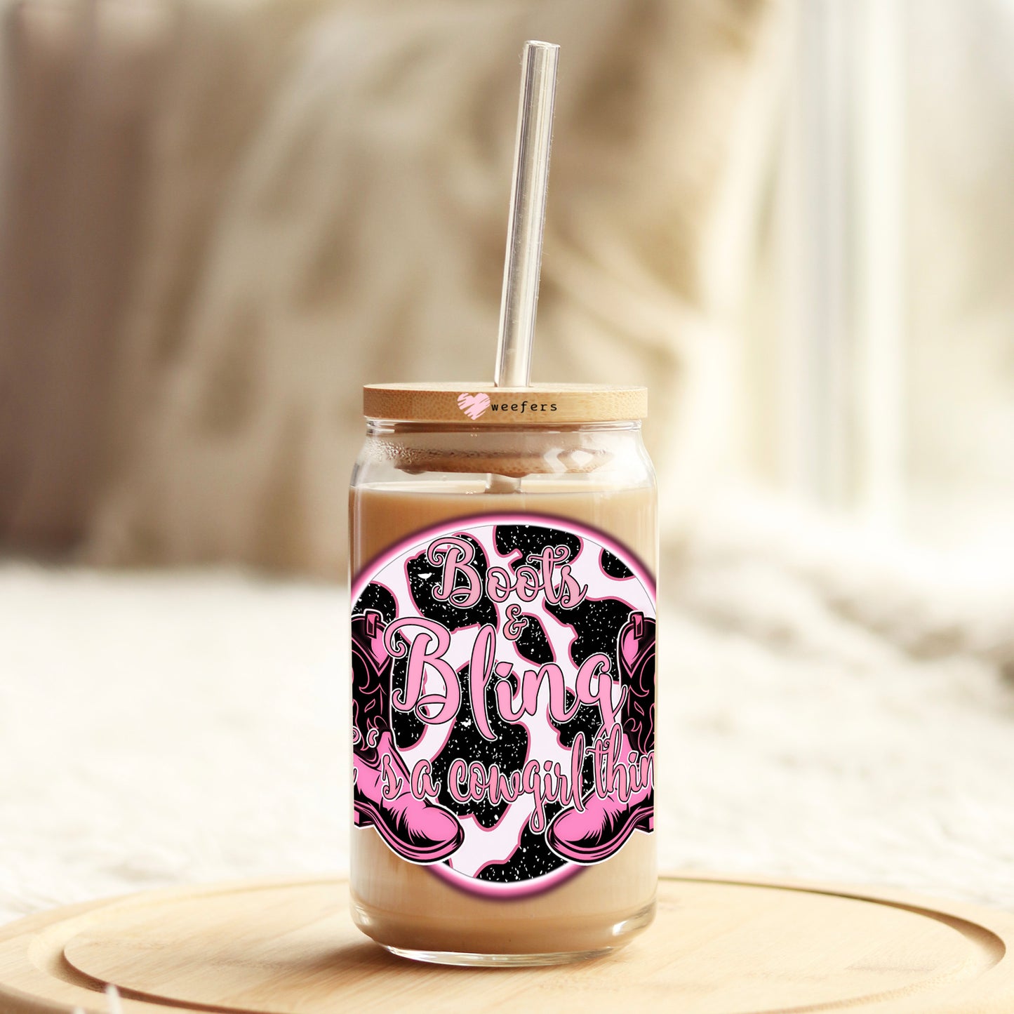 Boots and Bling Cowgirl 16oz Libbey Glass Can UV DTF or Sublimation Cup Wrap - Decal Transfer Weefers