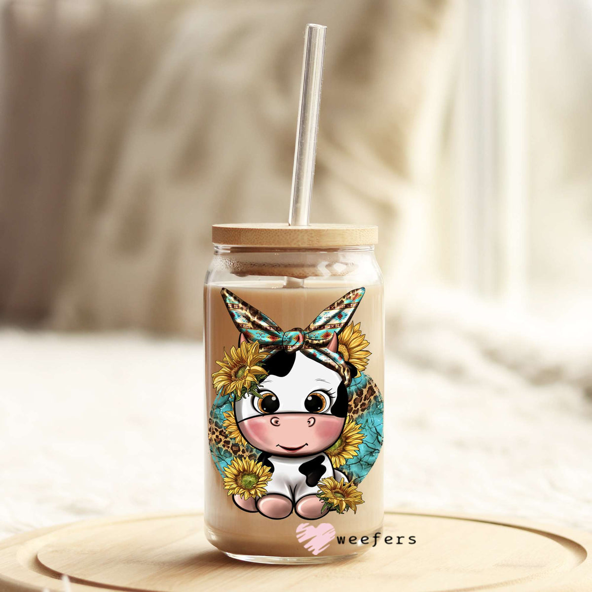 Cutie Western Baby Cow 16oz Libbey Glass Can UV DTF or Sublimation Decal Transfer Weefers
