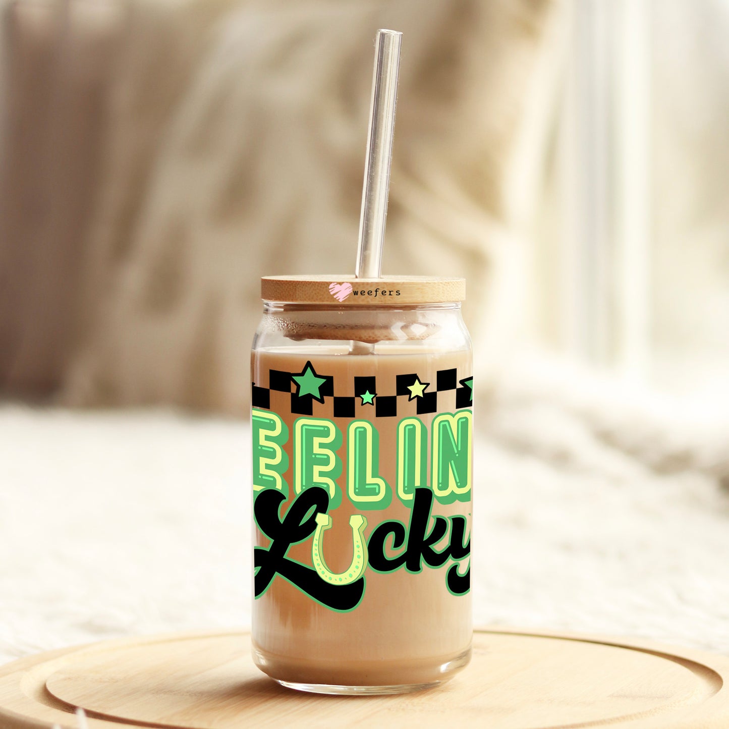 Feeling Lucky Checkers St. Patrick's Day 16oz Libbey Glass Can UV DTF or Sublimation Cup Wrap - Decal Transfer Weefers