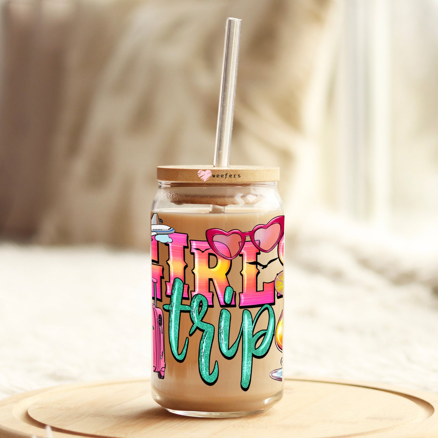 Girls Trip Pinks and Teals 16oz Libbey Glass Can UV DTF or Sublimation Cup Wrap - Decal Transfer Weefers