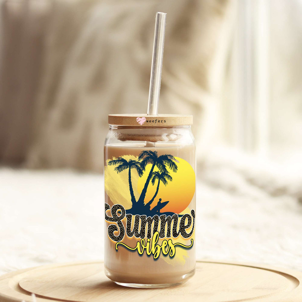 Summer Vibes Sunset 16oz Libbey Glass Can UV DTF or Sublimation Wrap - Decal Weefers