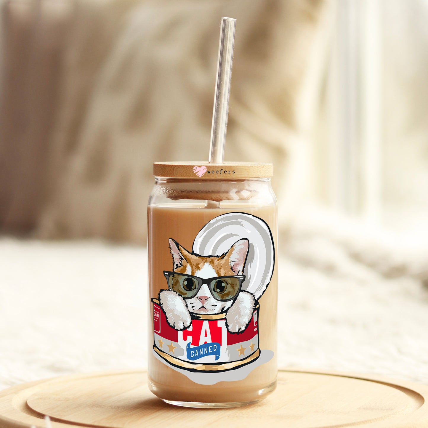 Cat Canned 16oz Libbey Glass Can UV DTF or Sublimation Cup Wrap - Decal Transfer Weefers