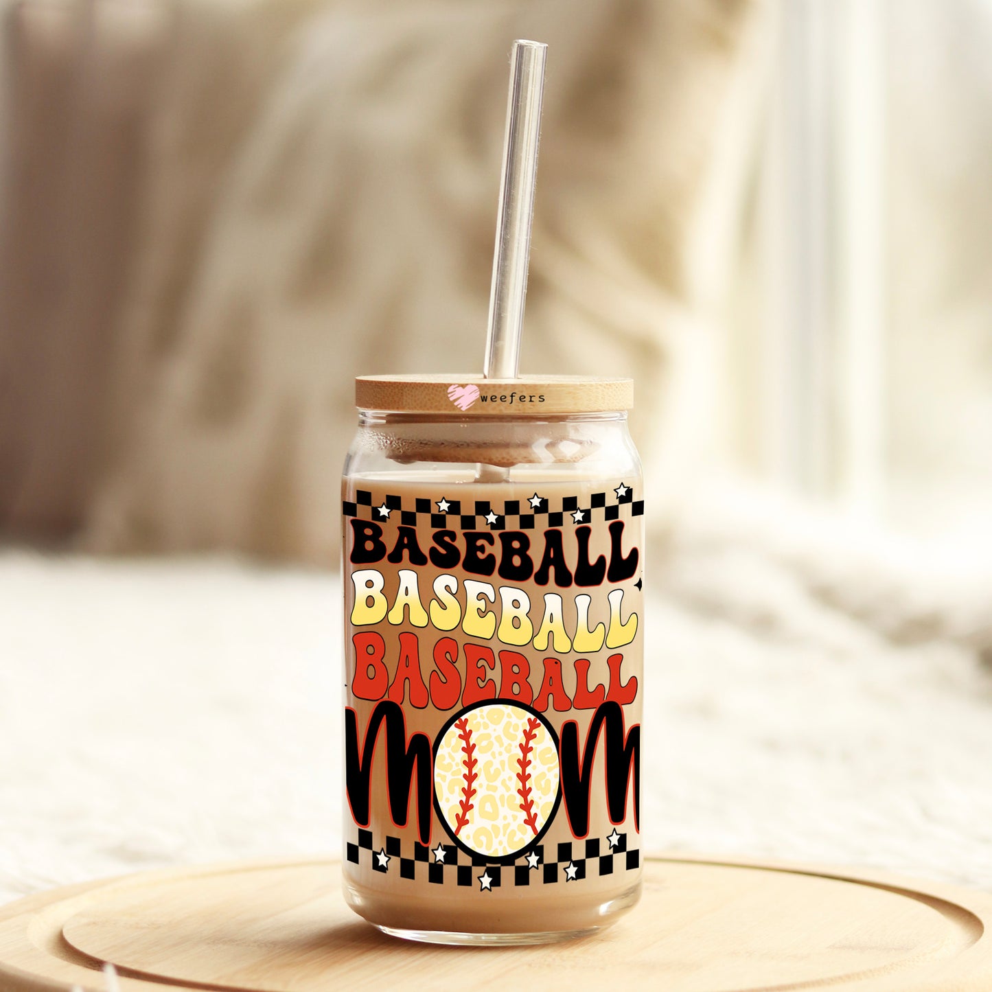 Baseball Mom Stacked 16oz Libbey Glass Can UV DTF or Sublimation Cup Wrap - Decal Transfer Weefers