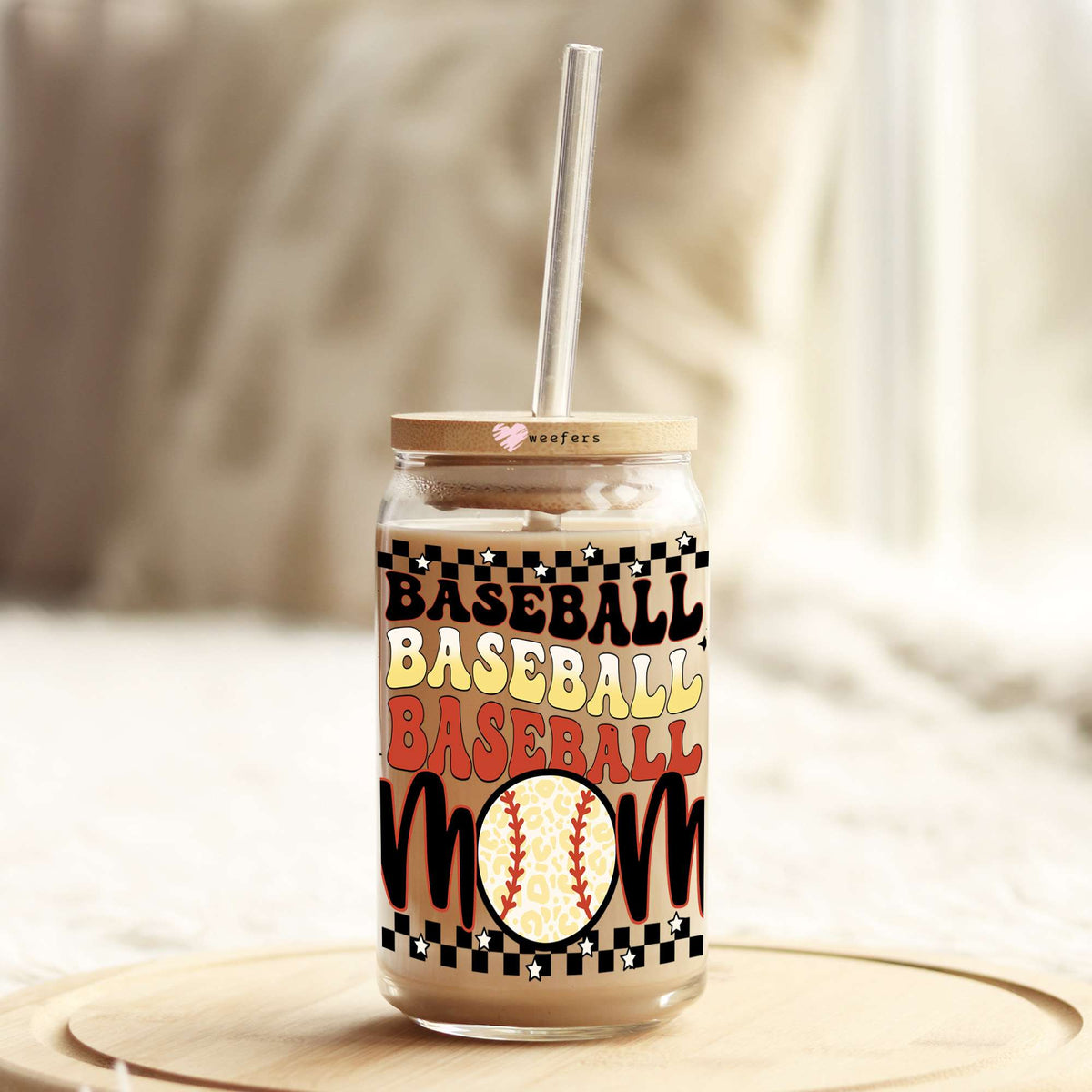 Baseball Mom Stacked 16oz Libbey Glass Can UV DTF or Sublimation Cup Wrap - Decal Transfer Weefers
