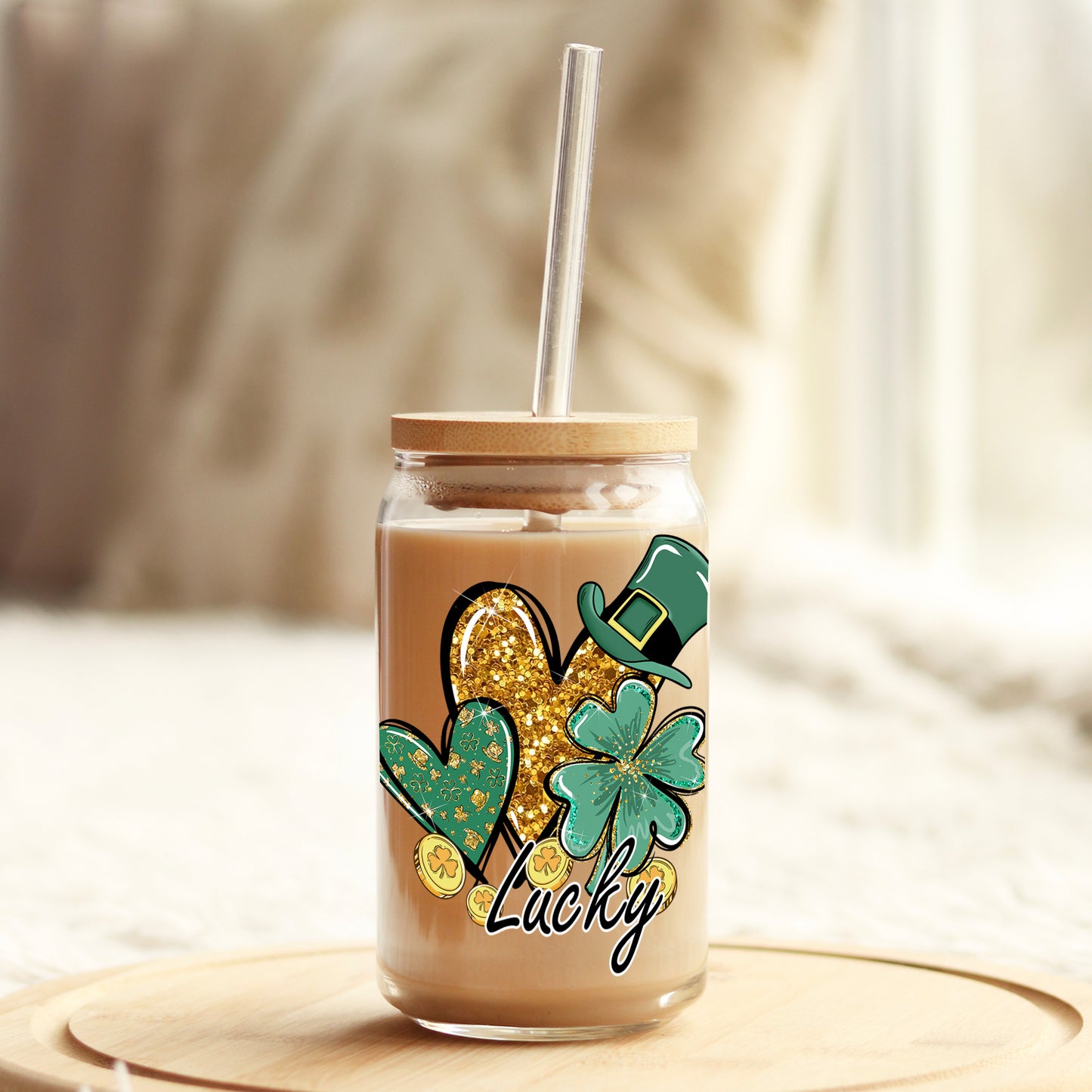 Lucky Shamrock St Patrick's Day 16oz Libbey Glass Can UV DTF or Sublimation Cup Wrap - Decal Transfer Weefers