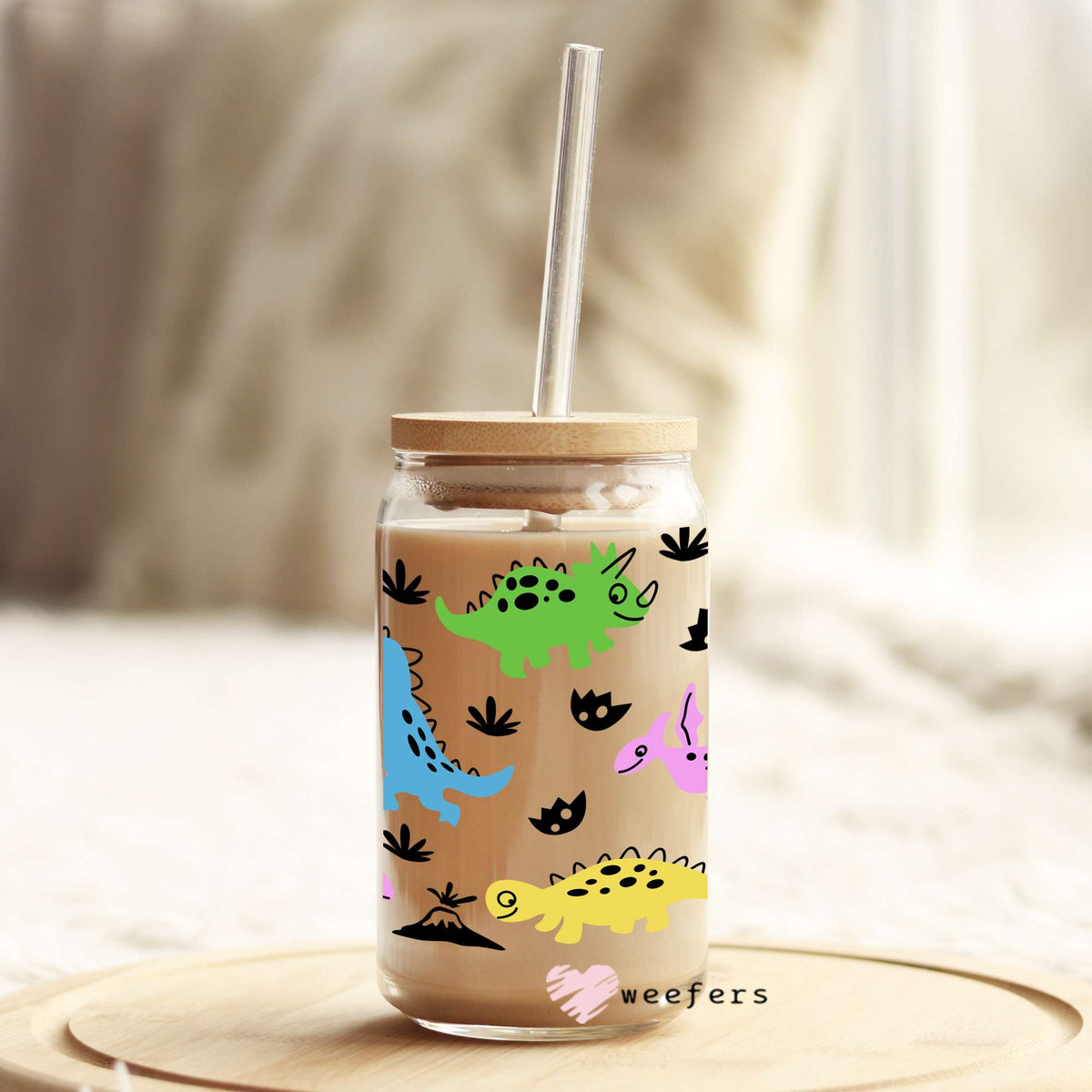 Playful Dinosaurs 16oz Libbey Glass Can UV DTF or Sublimation Wrap - Decal Weefers
