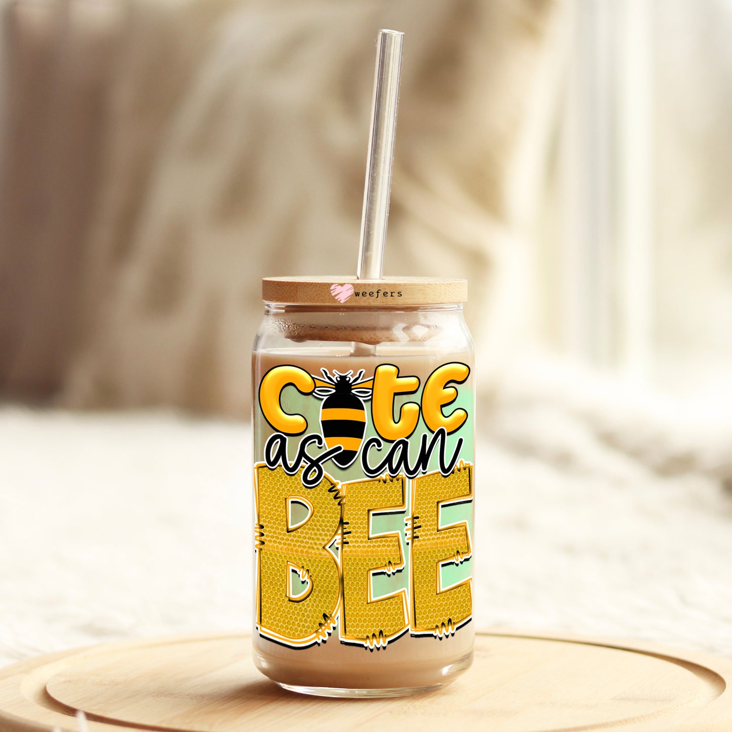 Cute as can Bee 16oz Libbey Glass Can UV DTF or Sublimation Wrap - Decal Weefers