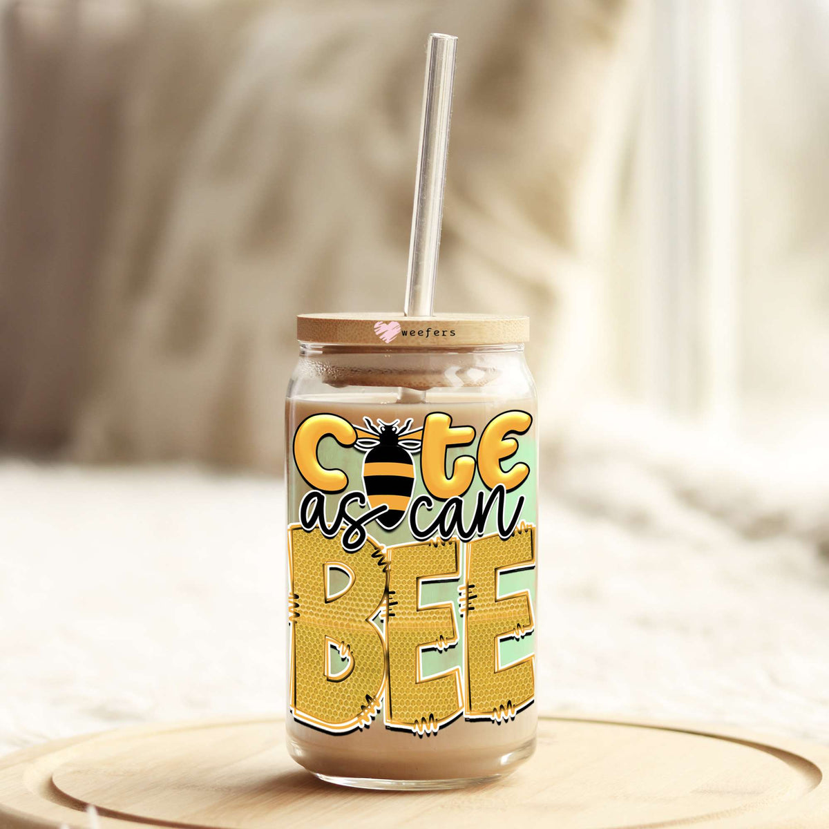 Cute as can Bee 16oz Libbey Glass Can UV DTF or Sublimation Wrap - Decal Weefers