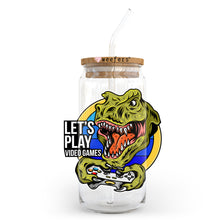 Load image into Gallery viewer, a glass jar with a sticker of a dinosaur on it
