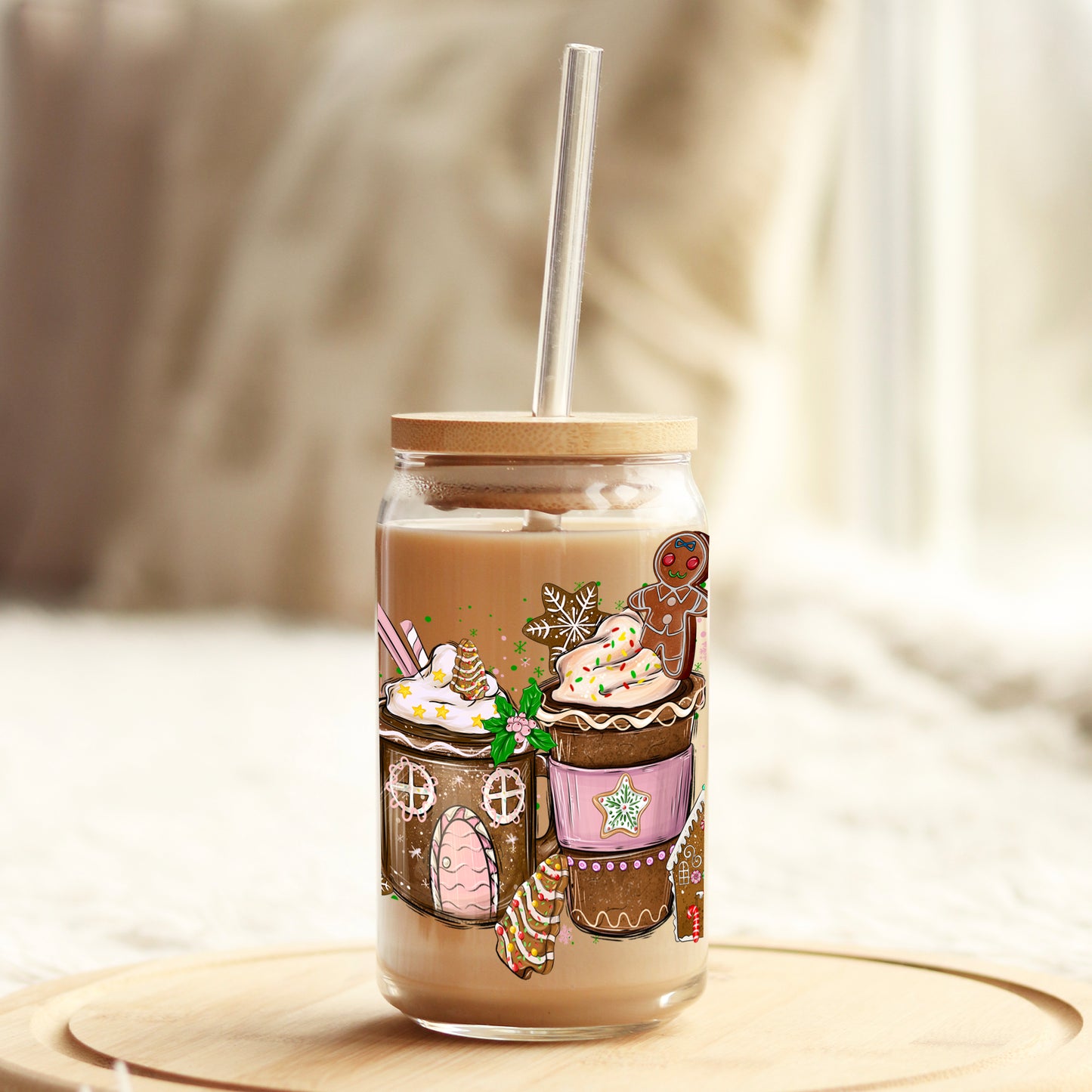 Christmas Pink Gingerbread Latte 16oz Libbey Glass Can UV DTF or Sublimation Wrap - Decal Weefers