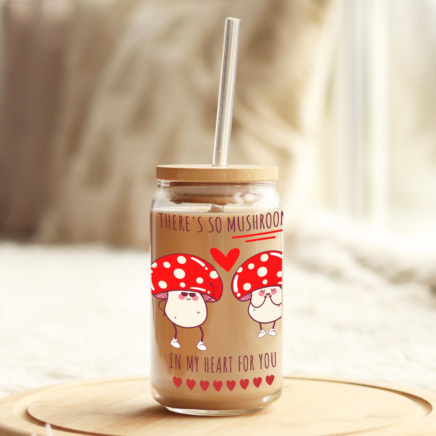There's so Mushroom in my Heart Valentine's Day 16oz Libbey Glass Can UV DTF or Sublimation Cup Wrap - Decal Transfer Weefers