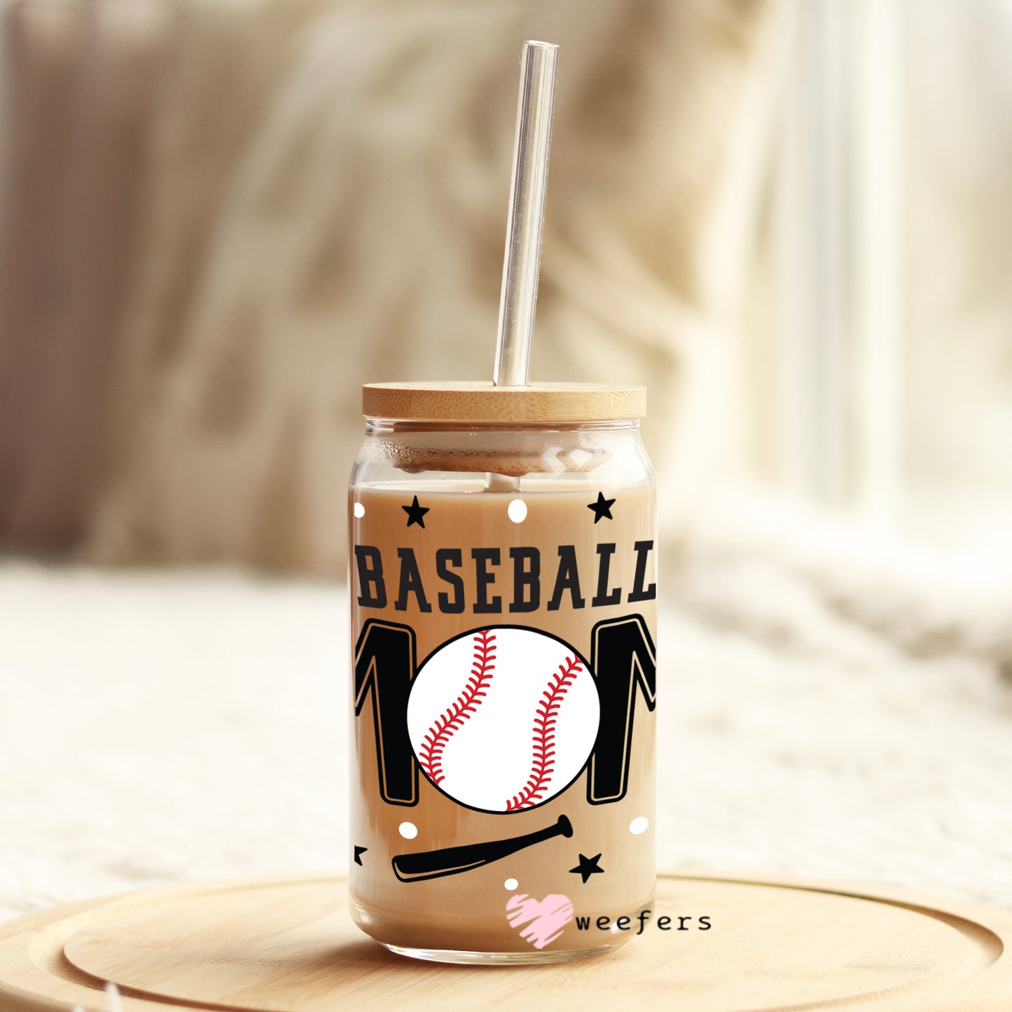 Baseball Mom Bats and Balls 16oz Libbey Glass Can UV DTF or Sublimation Wrap - Decal Weefers