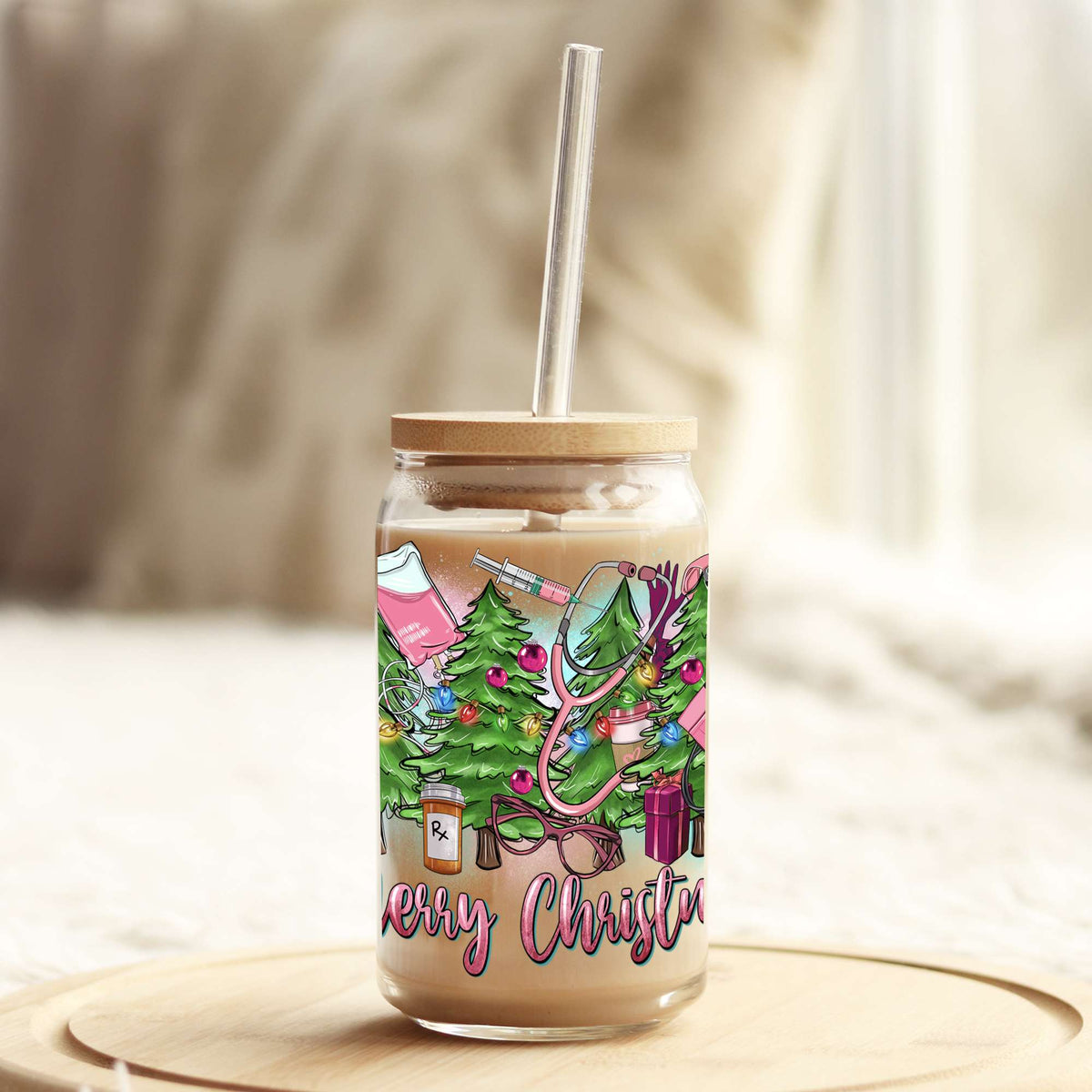Merry Christmas Pink Nurse 16oz Libbey Glass Can UV DTF or Sublimation Wrap - Decal Weefers