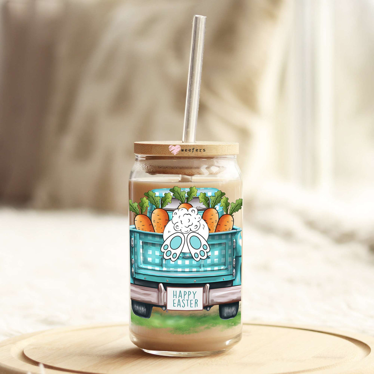 Classic Truck Bunny Easter 16oz Libbey Glass Can UV DTF or Sublimation Cup Wrap - Decal Transfer Weefers