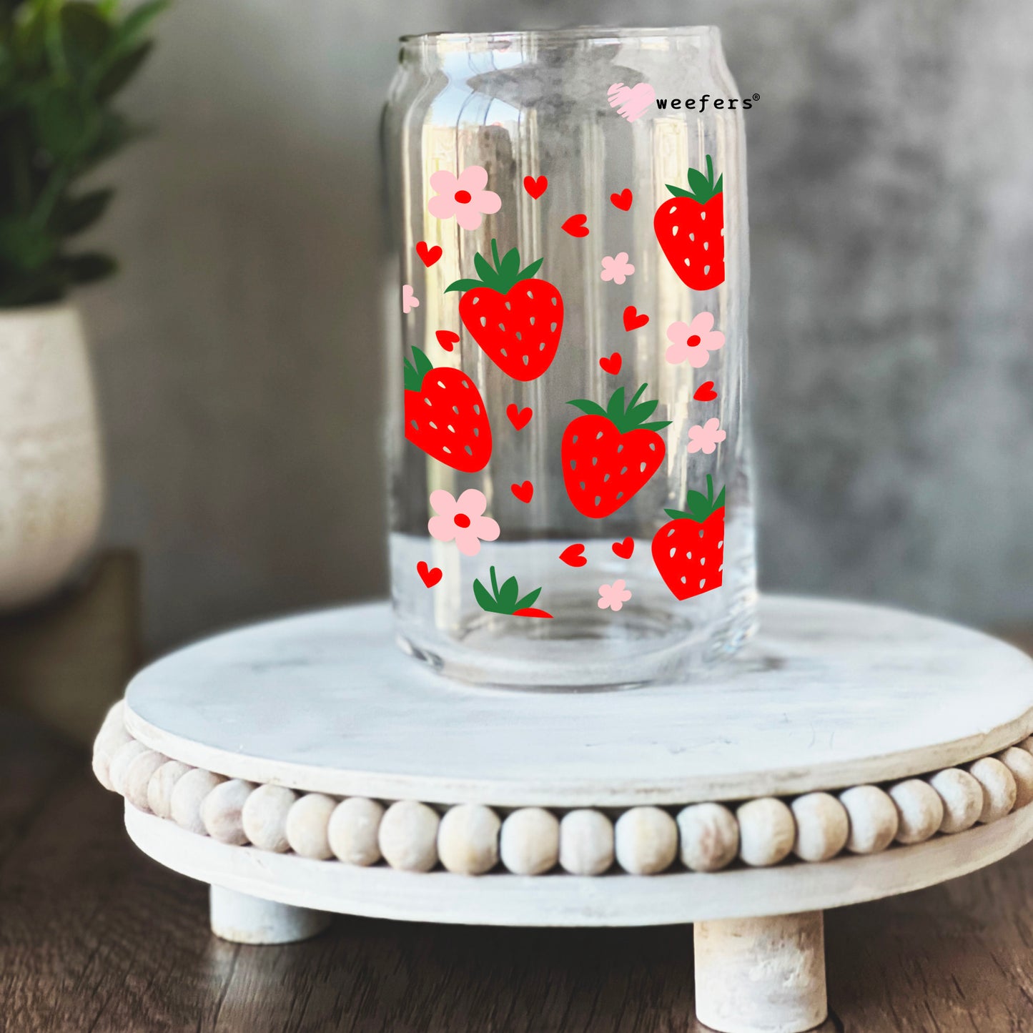 Flowers and Strawberries 16oz Libbey Glass Can UV DTF or Sublimation Cup Wrap - Decal Transfer Weefers