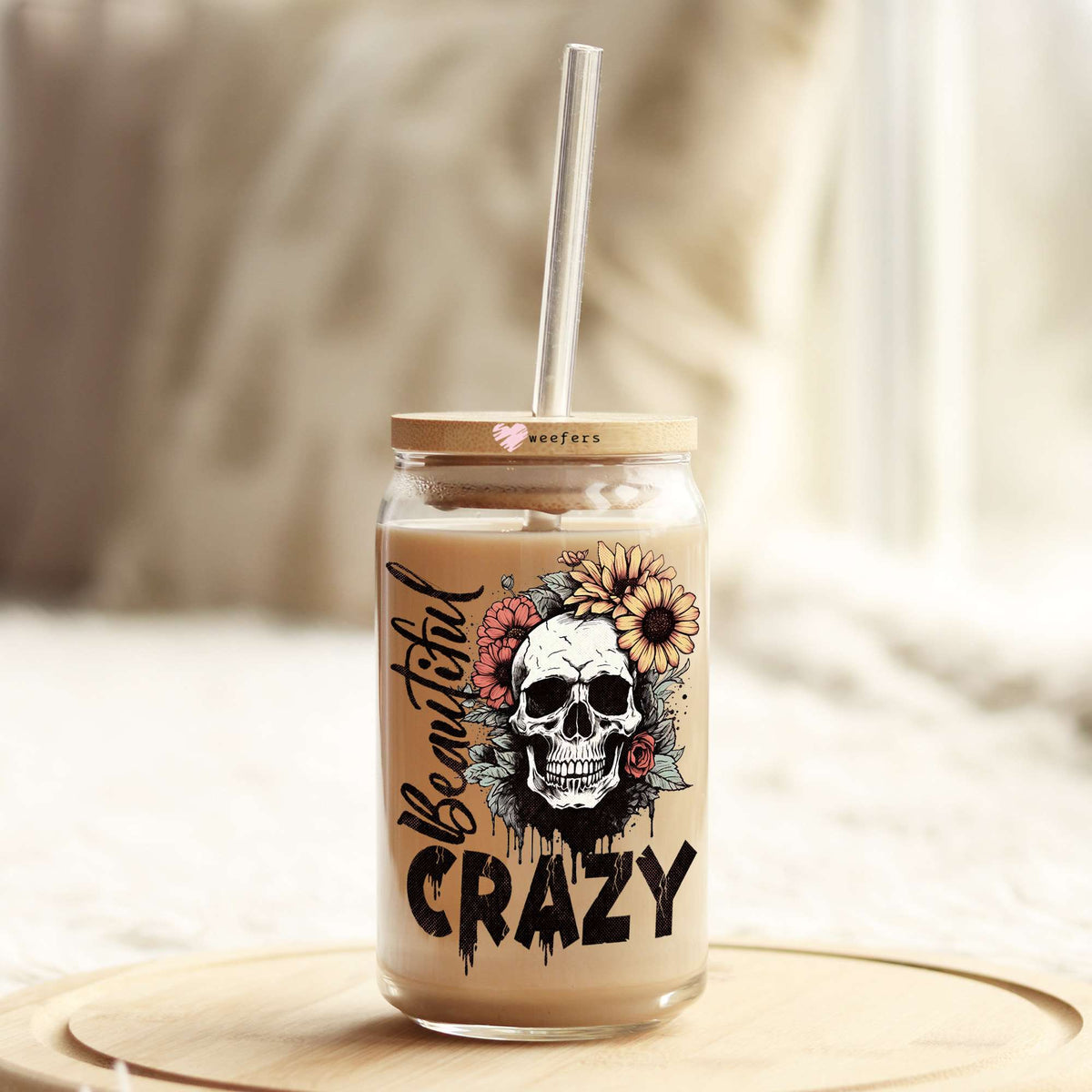 Beautiful Crazy Skull Sunflower 16oz Libbey Glass Can UV DTF or Sublimation Wrap - Decal Weefers