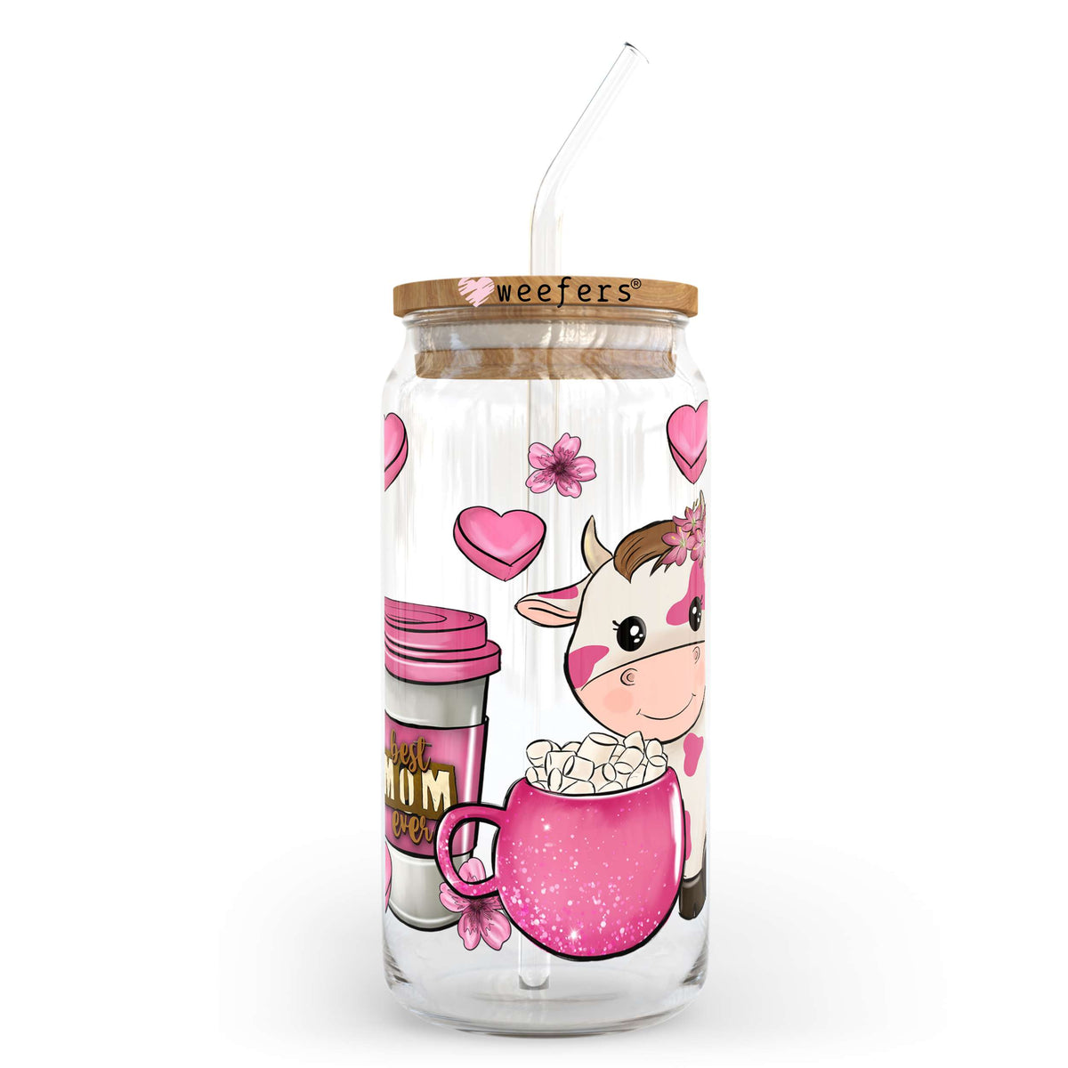 Pink Cutie Cow Coffee Latte 20oz Libbey Glass Can, 34oz Hip Sip, 40oz Tumbler UV DTF or Sublimation Decal Transfer Weefers