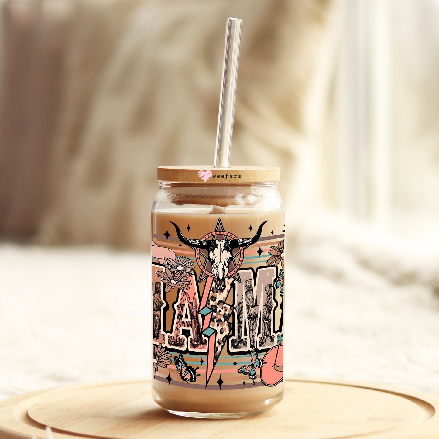 Mama Aztec Neutrals Cow Skull 16oz Libbey Glass Can UV DTF or Sublimation Cup Wrap - Decal Transfer Weefers