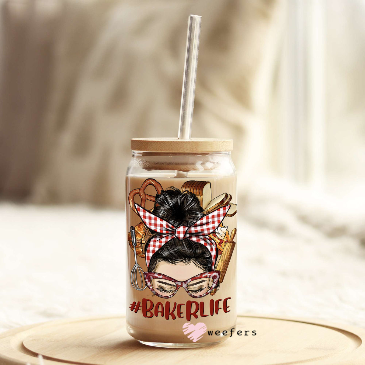 Messy Bun Baker Life 16oz Libbey Glass Can UV DTF or Sublimation Wrap - Decal Weefers