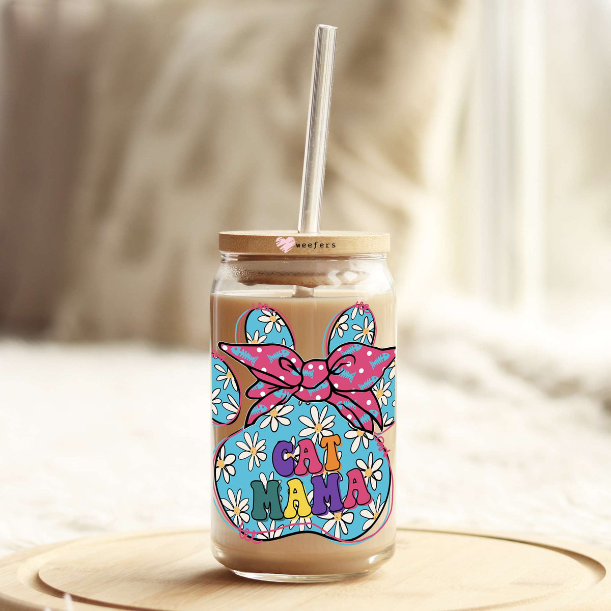 Cat Mama Paw 16oz Libbey Glass Can UV DTF or Sublimation Cup Wrap - Decal Transfer Weefers