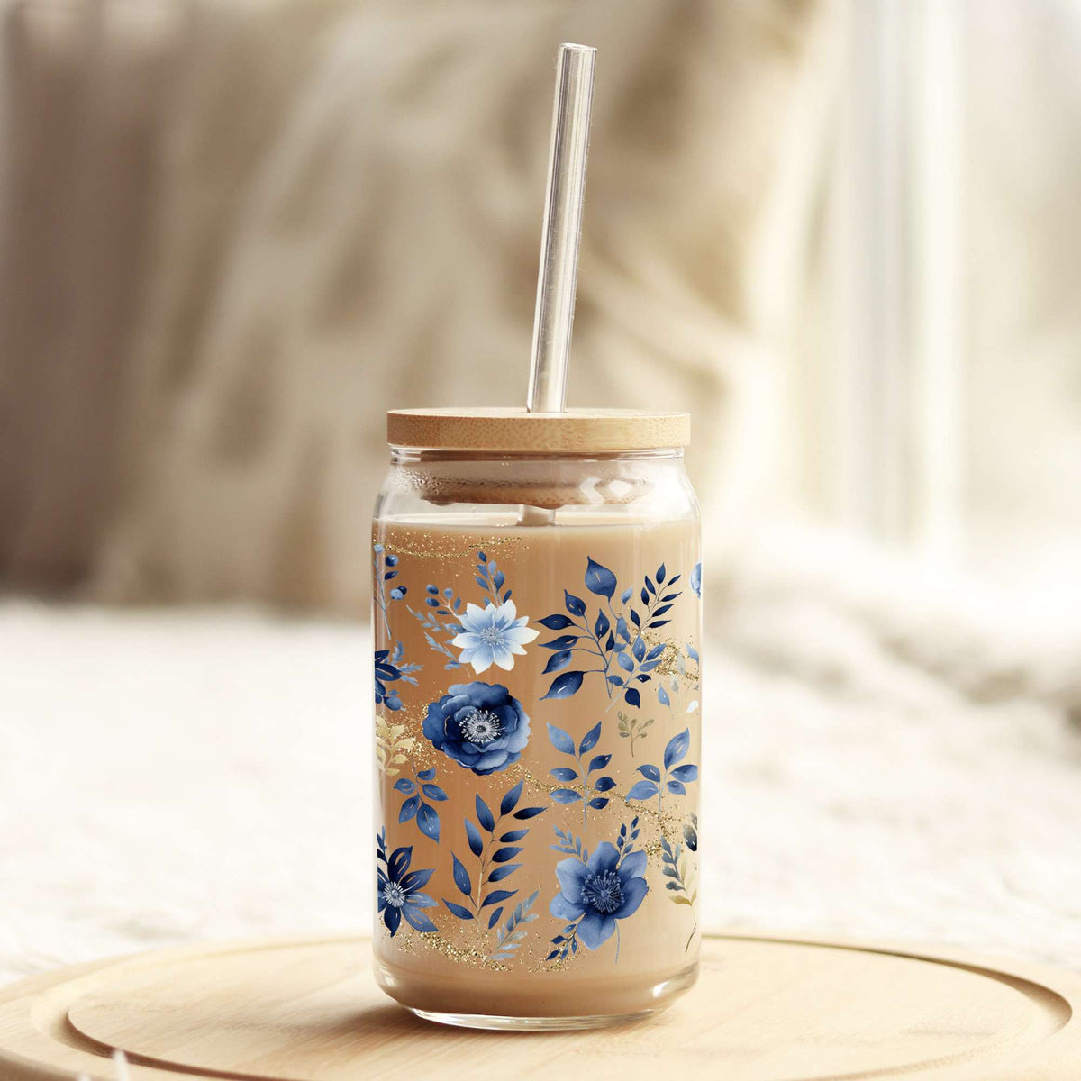 Blue Florals 16oz Libbey Glass Can UV DTF or Sublimation Wrap - Decal Weefers