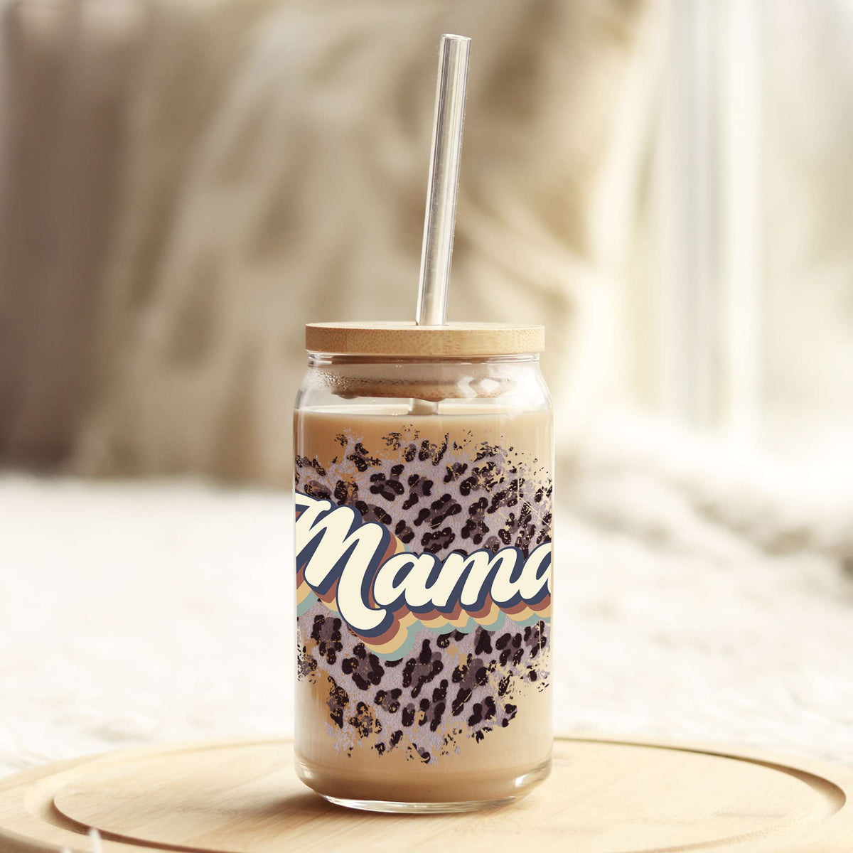 Retro Mama Leopard 16oz Libbey Glass Can UV DTF or Sublimation Wrap - Decal Weefers