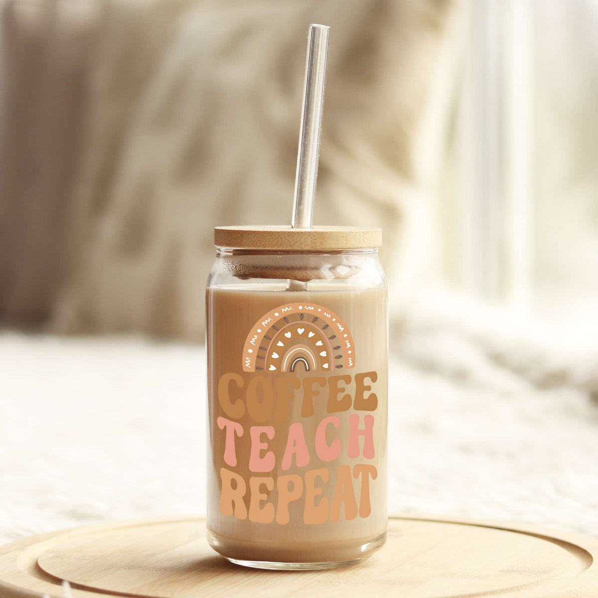 Coffee Teach Repeat Orange 16oz Libbey Glass Can UV DTF or Sublimation Cup Wrap - Decal Transfer Weefers