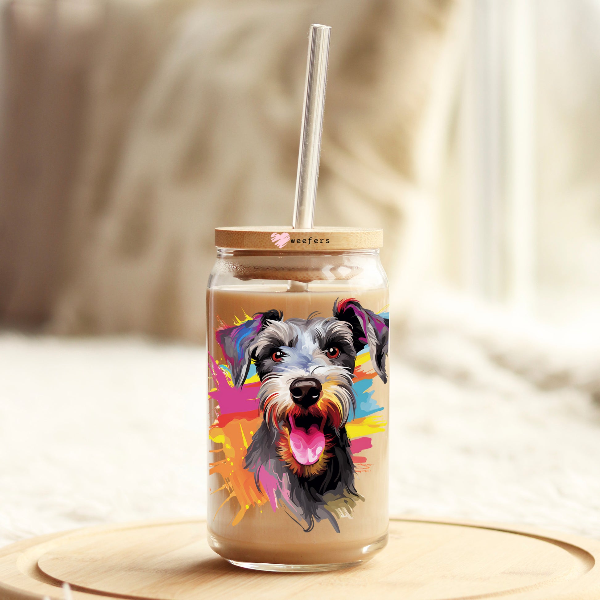 Miniature Schnauzer Colorful Watercolor 16oz Libbey Glass Can UV DTF or Sublimation Wrap - Decal - Weefers