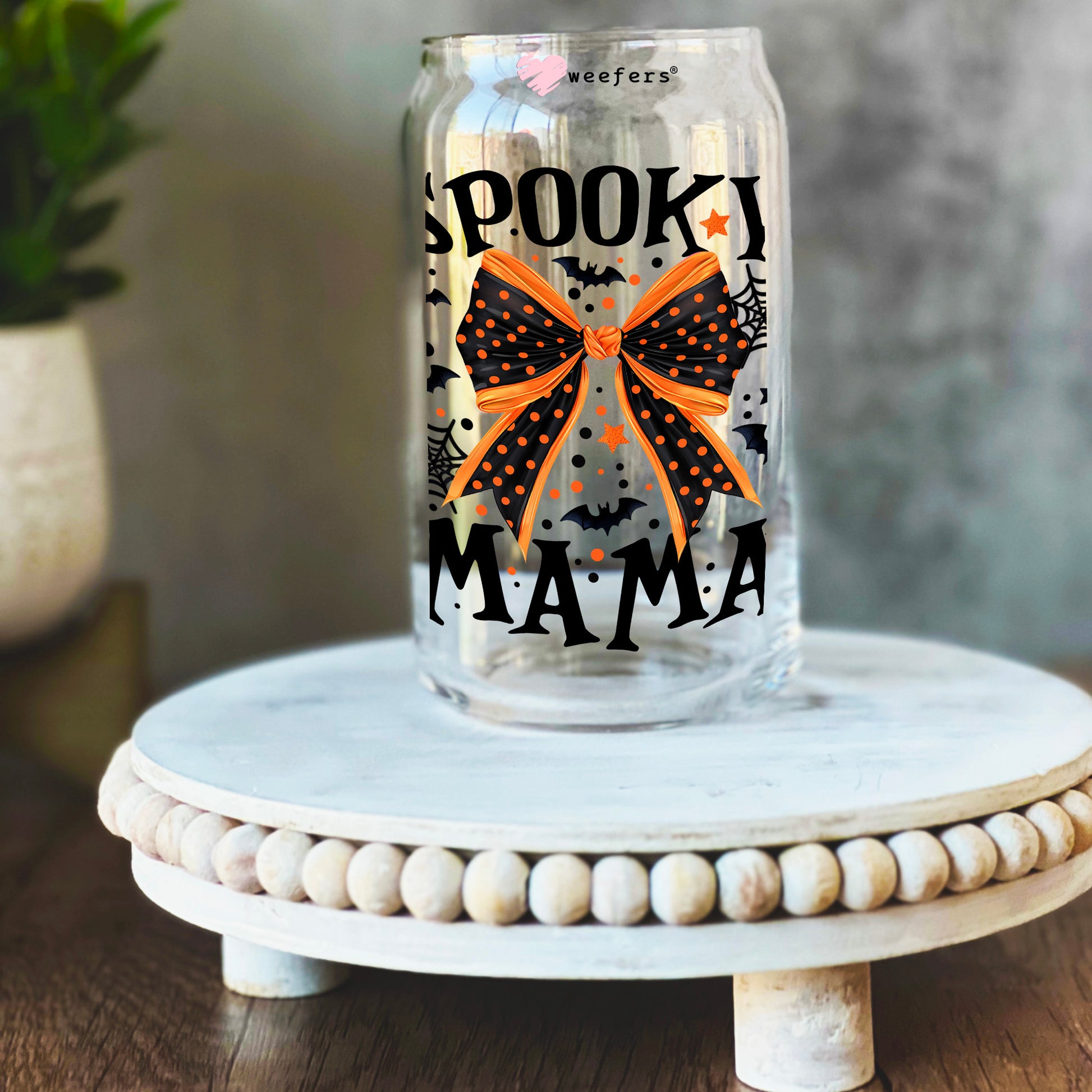 Spooky Mama Bow 16oz Libbey Glass Can UV DTF Decal Transfer - Weefers