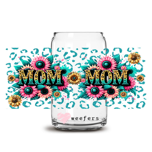 Mom Mom Colorful Sunflowers Pink and Blue 16oz Libbey Glass Can UV DTF or Sublimation Wrap - Decal Transfer - Weefers