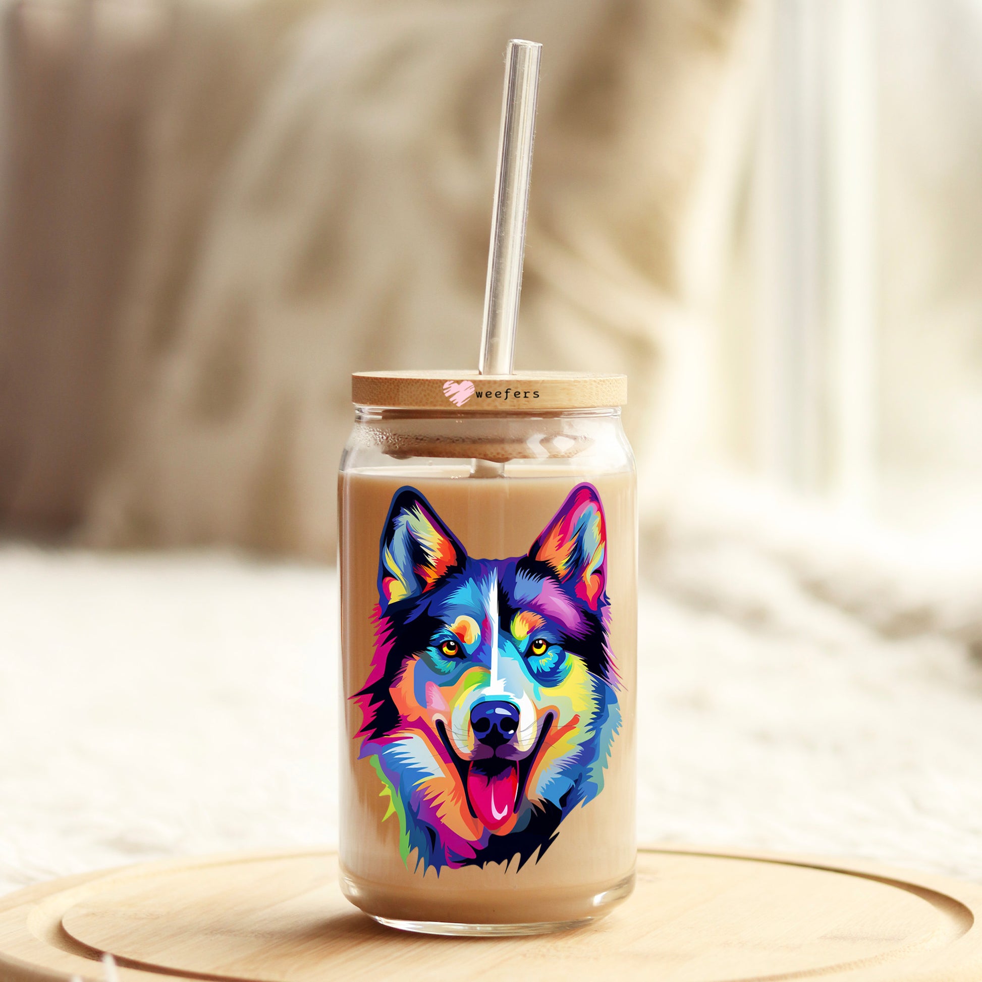 Husky Colorful Watercolor 16oz Libbey Glass Can UV DTF or Sublimation Wrap - Decal - Weefers