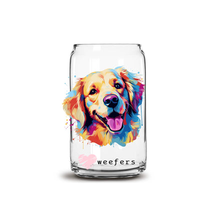 Golden Retriever Colorful Watercolor 16oz Libbey Glass Can UV DTF or Sublimation Wrap - Decal - Weefers