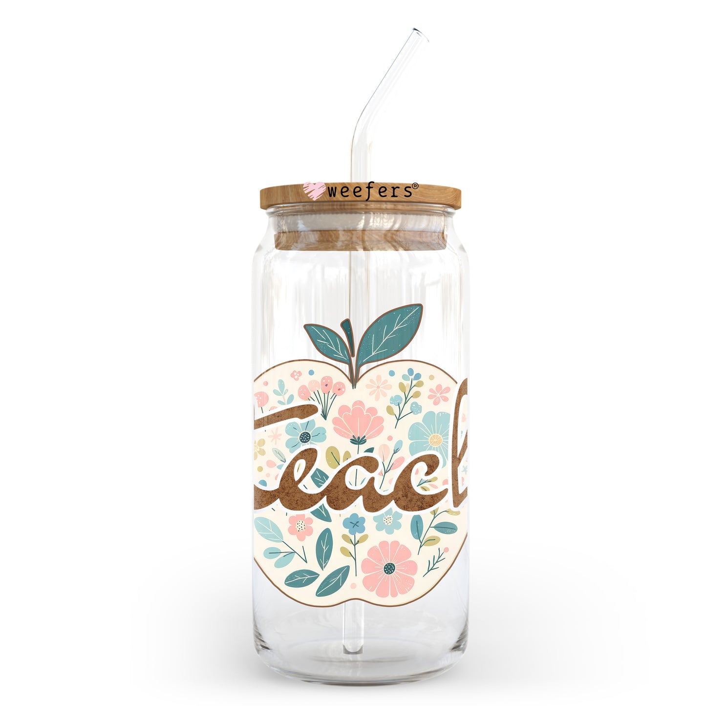 Teach Floral Apple 20oz Libbey Glass Can, 34oz Hip Sip, 40oz Tumbler, 24oz Cold Cup UV DTF or Sublimation Decal Transfer - Weefers