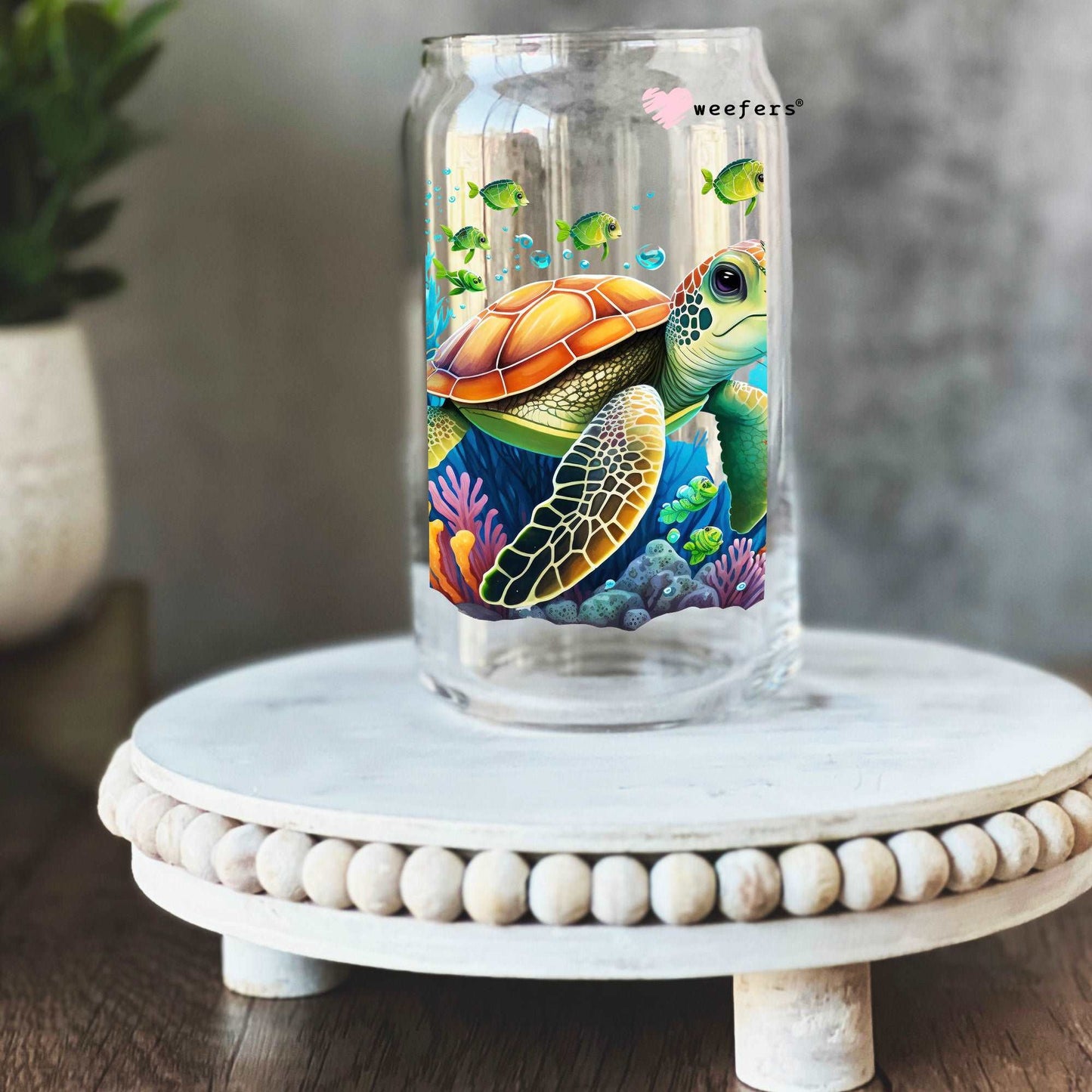 3D Turtle Floral 16oz Libbey Glass Can UV DTF or Sublimation Cup Wrap - Decal Transfer - Weefers