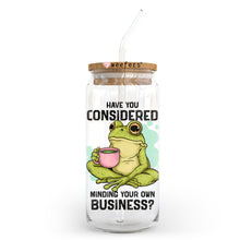 Load image into Gallery viewer, a glass jar with a sticker of a frog holding a cup of coffee
