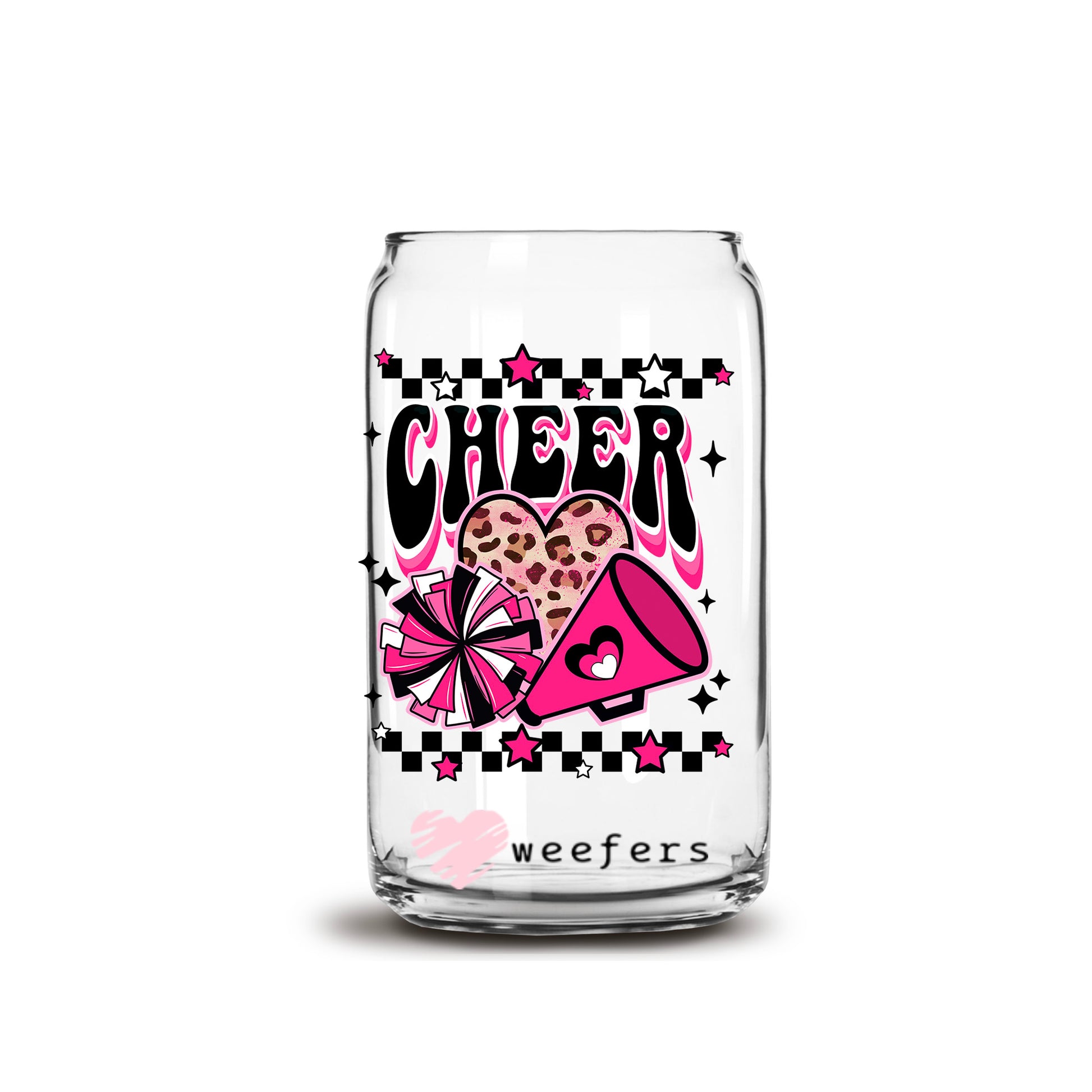 Cheer Hot Pink and Black 16oz Libbey Glass Can UV DTF or Sublimation Wrap - Decal - Weefers