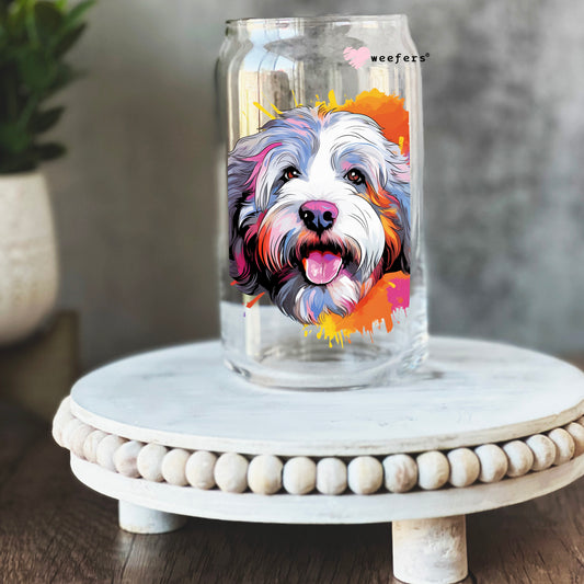 Old English Sheepdog Colorful Watercolor 16oz Libbey Glass Can UV DTF or Sublimation Wrap - Decal - Weefers